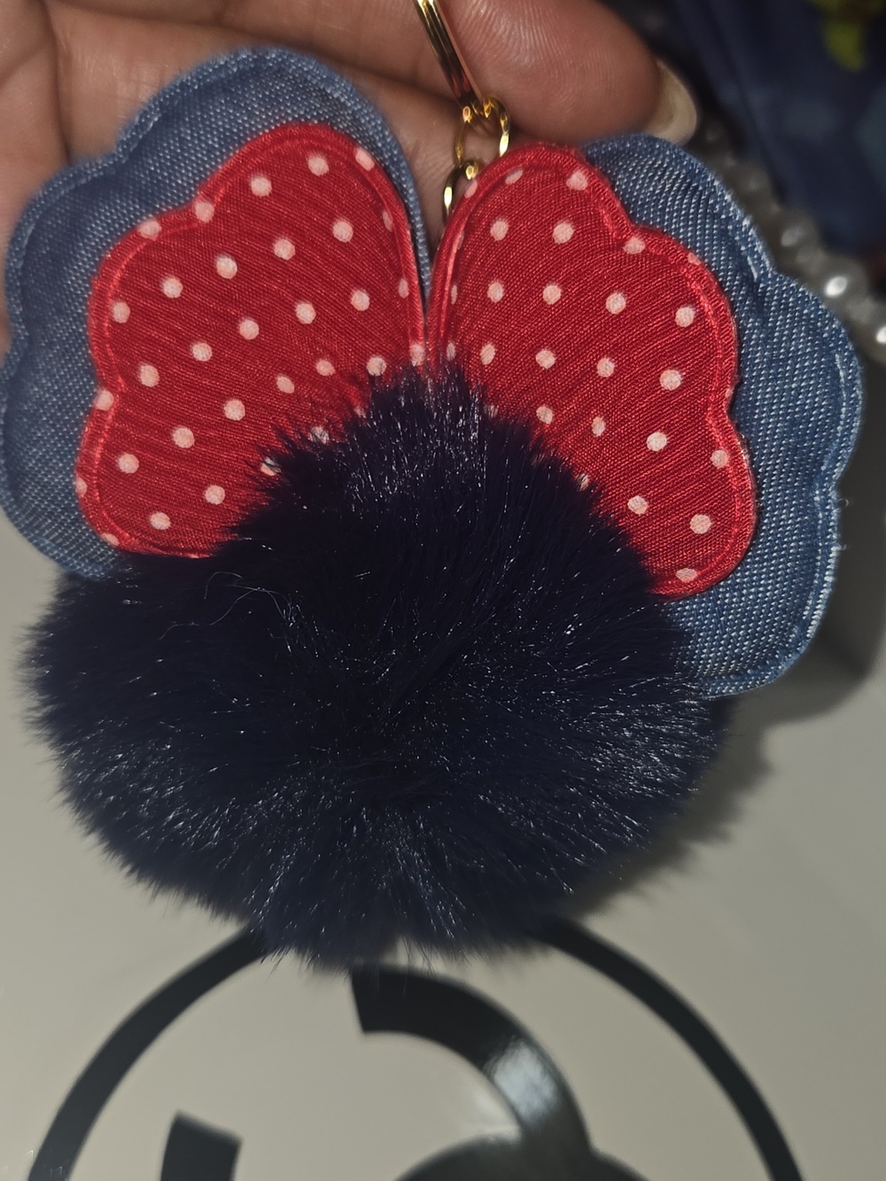 NEW..Polka Dot Red Bow Pom Keychain Charm - Women Accessories - Picture 2 of 3